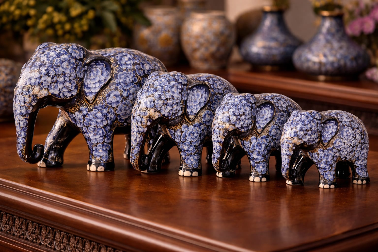 Elegant Elephant Family Set , Wooden Elephant set , hand painted paper mache sculpture 